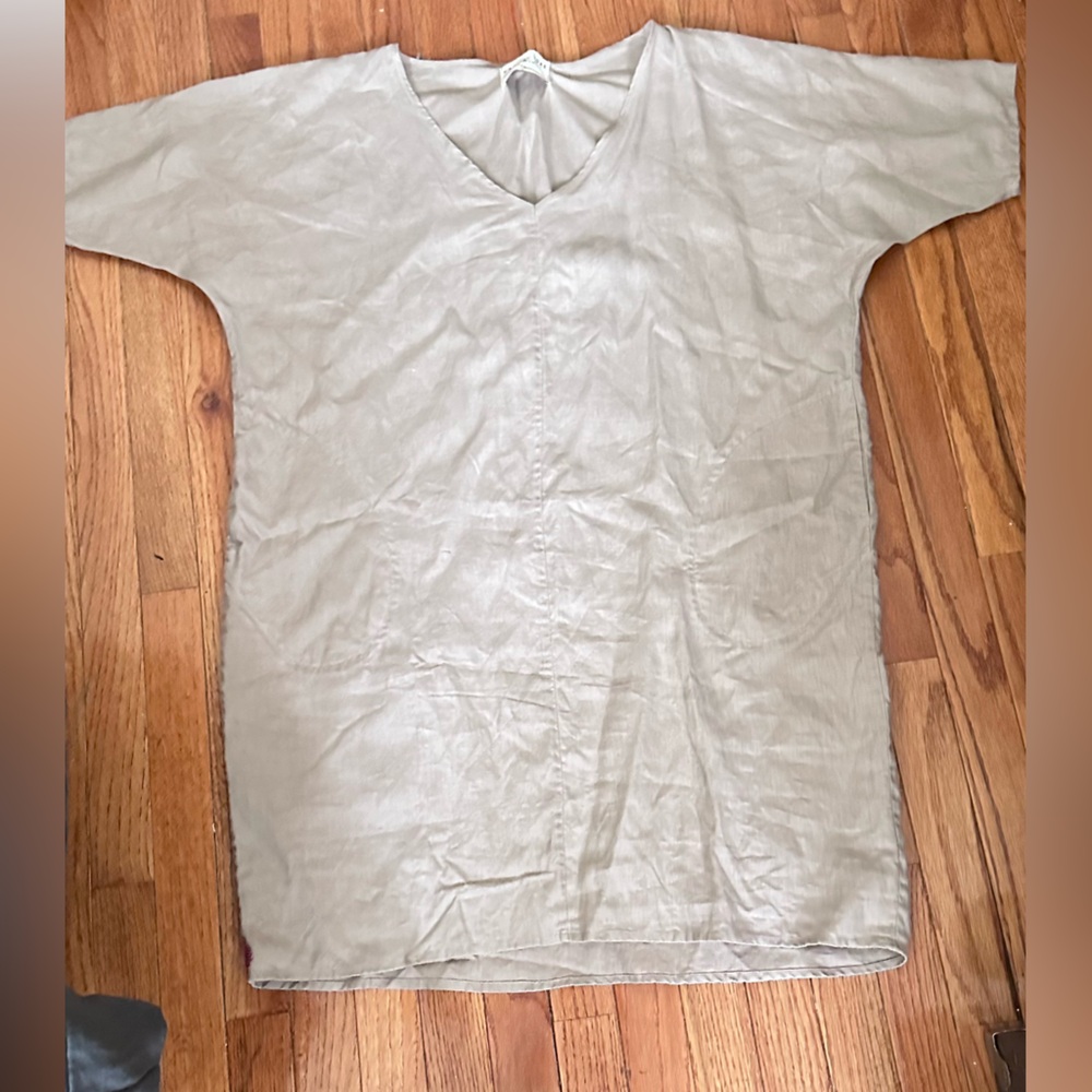 Linen V-Neck Midi Dress in Light Taupe